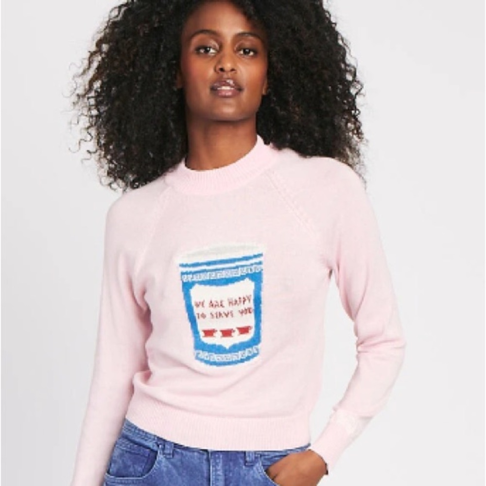 Rachel Antonoff Pink Sweater with Classic NYC Greek Blue Coffee Cup Design